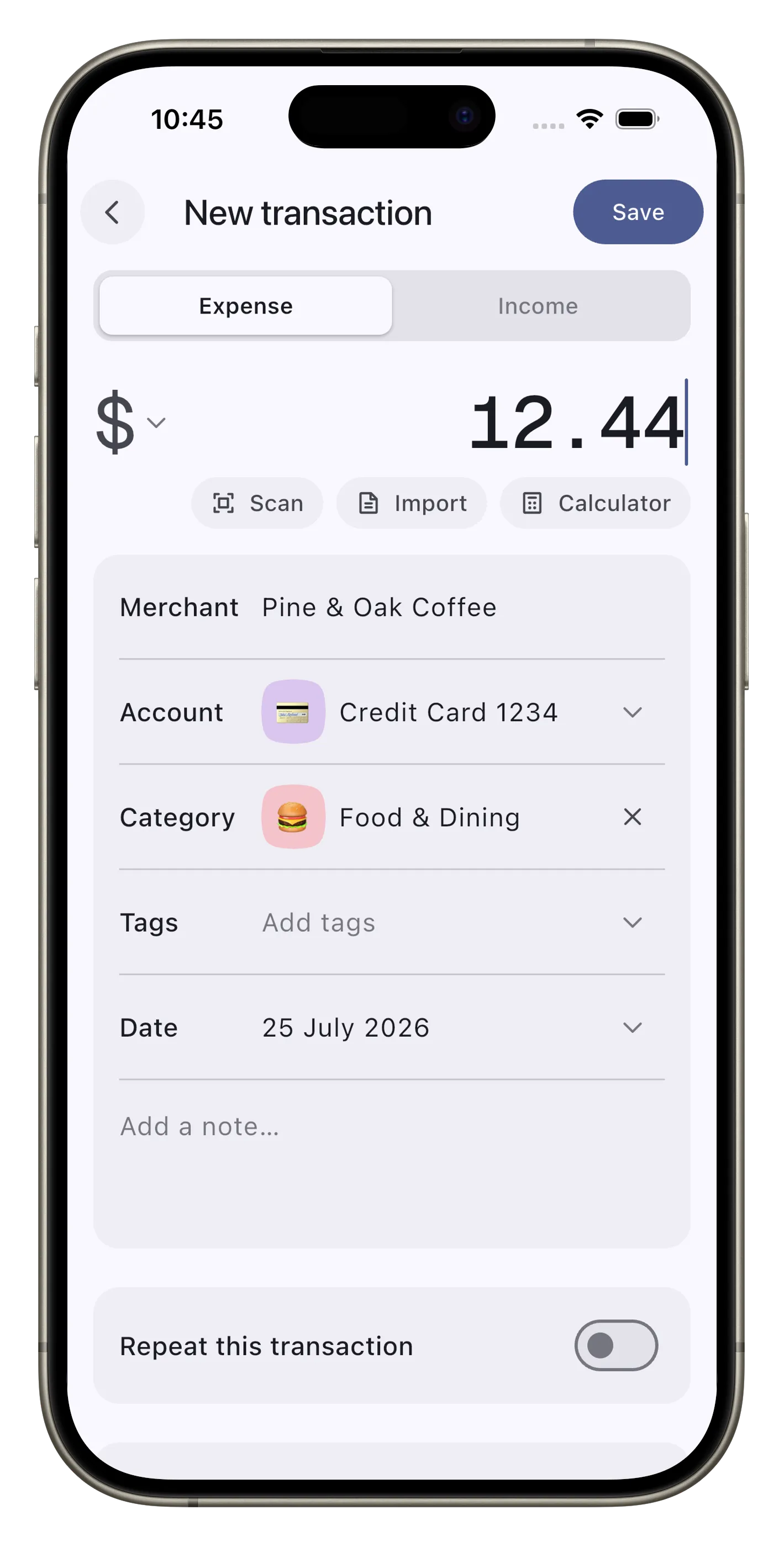 The new transaction form in Expensed with 12.44 dollars entered, the merchant set to Pine and Oak Coffee, an account, a category, and a date, plus shortcuts to scan, import, or open the calculator.