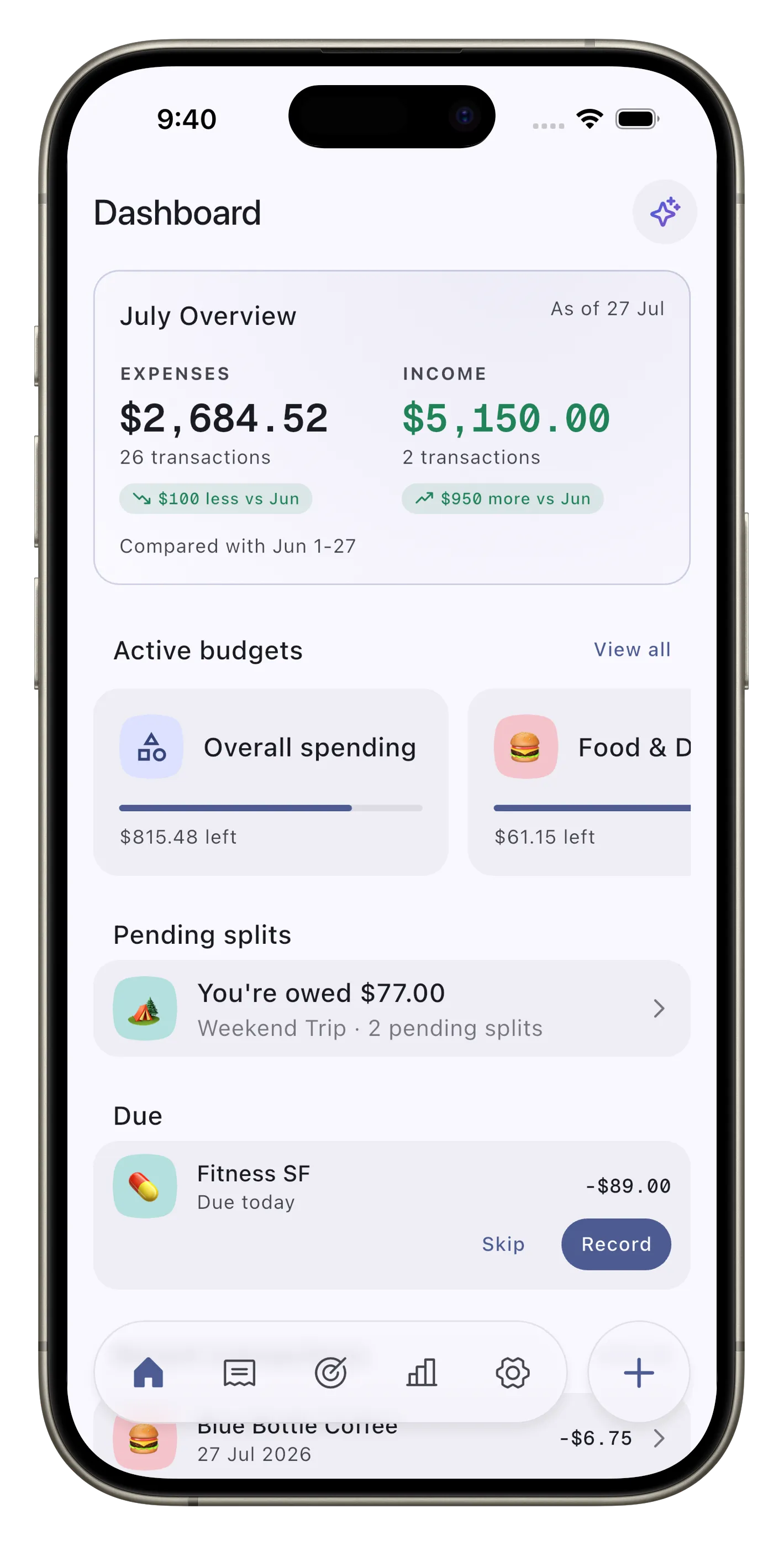 The Expensed dashboard on an iPhone: a July overview showing 2,684.52 dollars of expenses against 5,150.00 dollars of income, two active budgets, a pending split you are owed 77 dollars on, and a Fitness SF bill due today waiting to be recorded. On wider screens the Ask Emma chat sits alongside it, answering questions about top merchants and drafting a 30 dollar McDonald's expense to log.