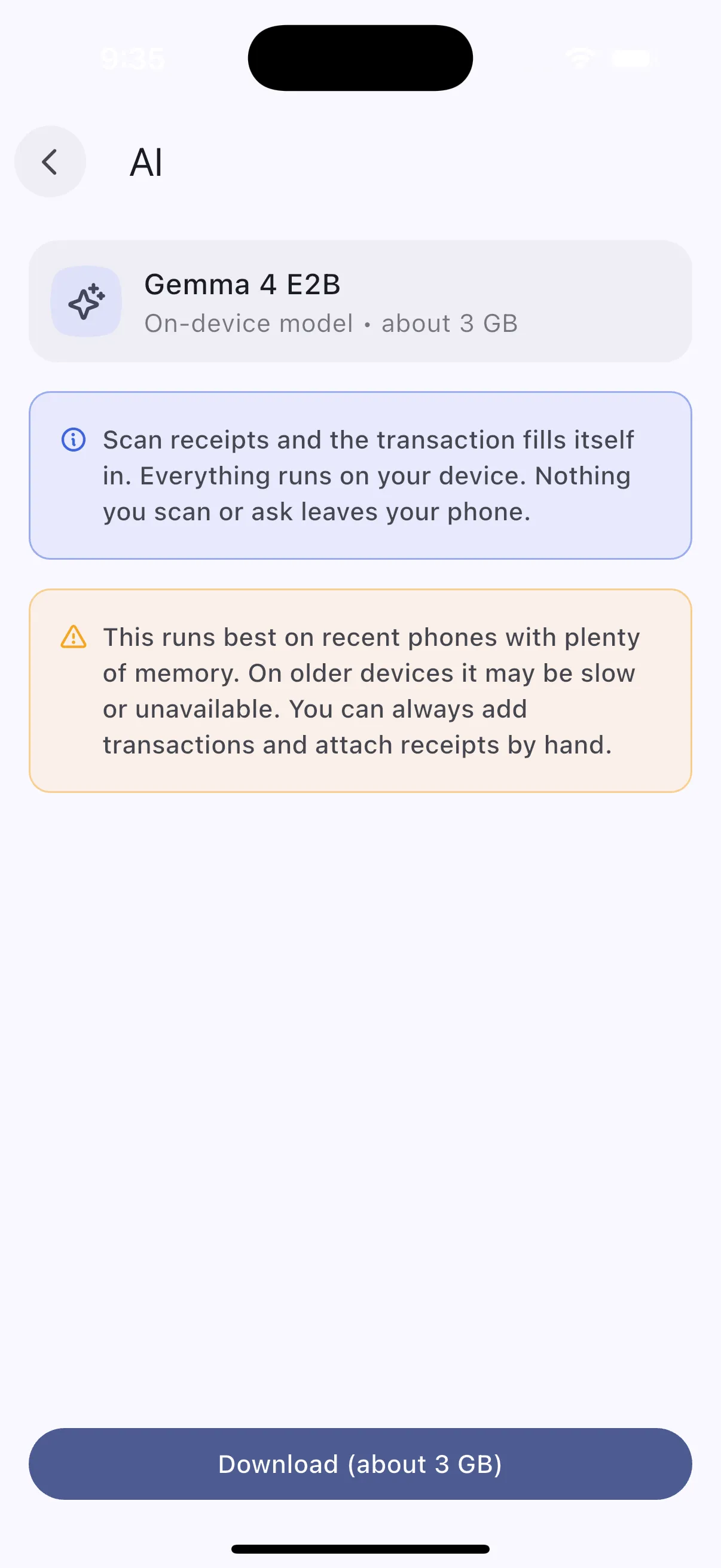 AI settings screen showing the on-device model, its download size, a note that everything runs on the device, and a warning that older phones may be slow or unsupported.